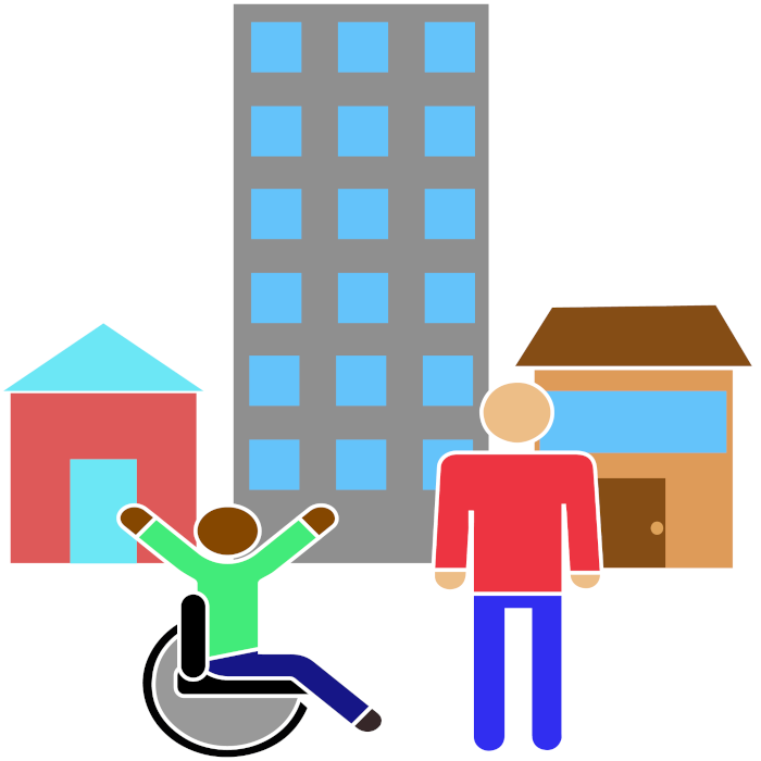 two people, one using a wheelchair and one standing, in front of three buildings: a house, an apartment building, and a store.